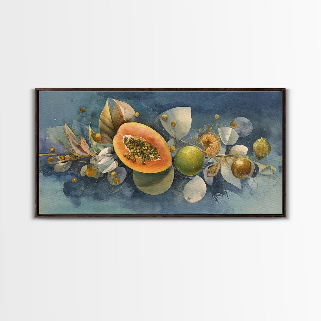 Bright Papaya and Lime Still Life Framed Canvas Print, Tropical Art, Statement Artwork, Living Room Decor, Fine Art, Tropic, TRO-2x1-20
