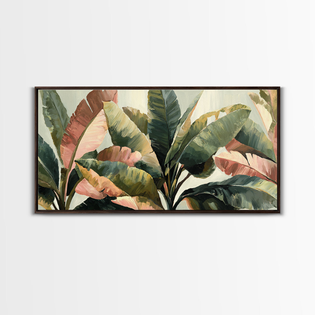 Banana Leaves Layered Framed Canvas Print, Tropical Art, Printable Wall Art, Living Room Decor, Watercolor Art, Tropic, TRO-2x1-29