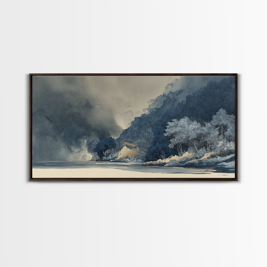 Jungle Waterfall with Misty Light Framed Canvas Print, Tropical Art, Digital Prints, Living Room Decor, Fine Art, Tropic, TRO-2x1-33