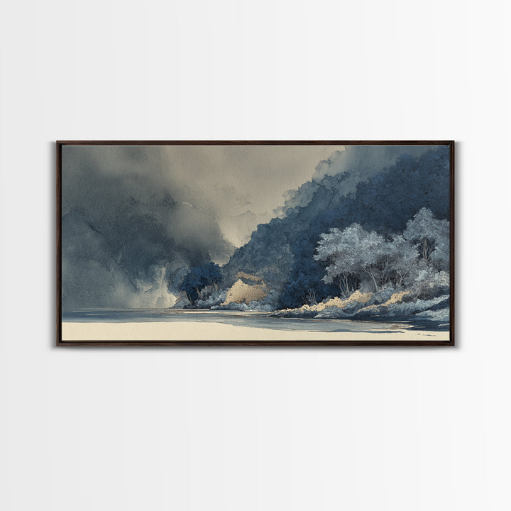 Jungle Waterfall with Misty Light Framed Canvas Print, Tropical Art, Digital Prints, Living Room Decor, Fine Art, Tropic, TRO-2x1-33