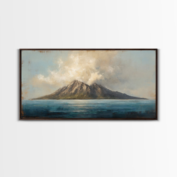 Island Volcano with Lush Foreground Framed Canvas Print, Tropical Art, Print, Living Room Decor, Tropic, Coastal Wall Art, TRO-2x1-37