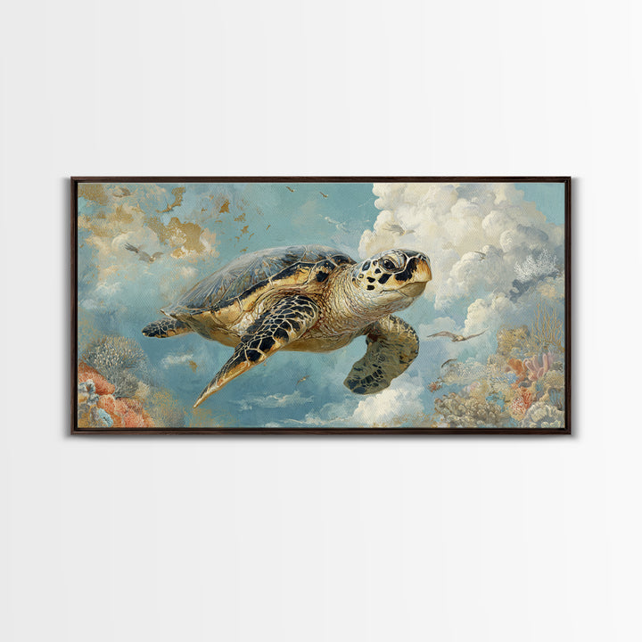 Sea Turtle Near Tropical Reef Canvas Print, Tropical Art, Digital Art, Living Room Decor, Oil Painting, Tropic, Watercolor Art, TRO-2x1-39