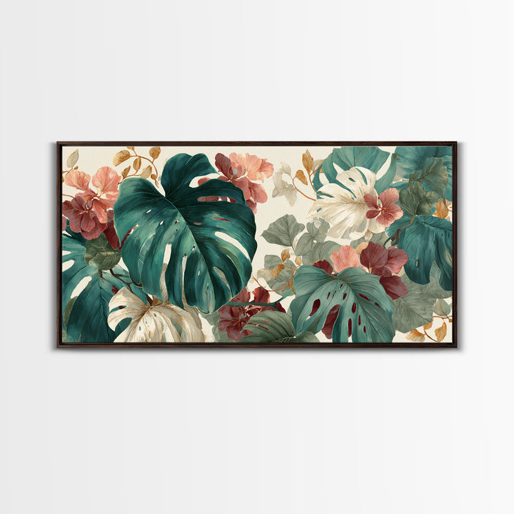 Lush Monstera Leaves Framed Canvas Print, Tropical Art, Pink Wall Art, Living Room Decor, Fine Art, Tropic, Coastal Art, TRO-2x1-45