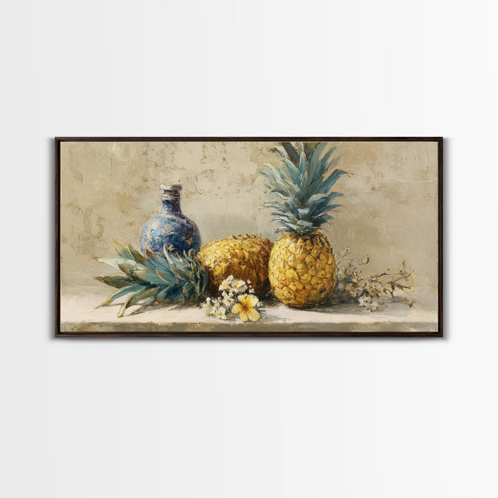 Pineapple and Palm Still Life Framed Canvas Print, Tropical Art, Decor, Living Room Decor, Fine Art, Tropic, Bird Art, TRO-2x1-50
