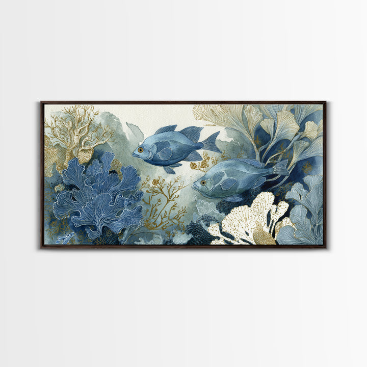 Tropical Fish over Coral Reef Framed Canvas Print, Tropical Art, Set of 3 Prints, Living Room Decor, Fine Art, Tropic, TRO-2x1-55