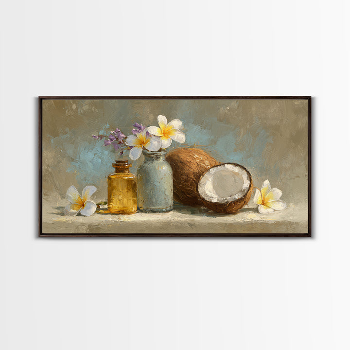 Coconut and Plumeria Still Life Framed Canvas Print, Tropical Art, Art Print, Living Room Decor, Tropic, Abstract Painting, TRO-2x1-56