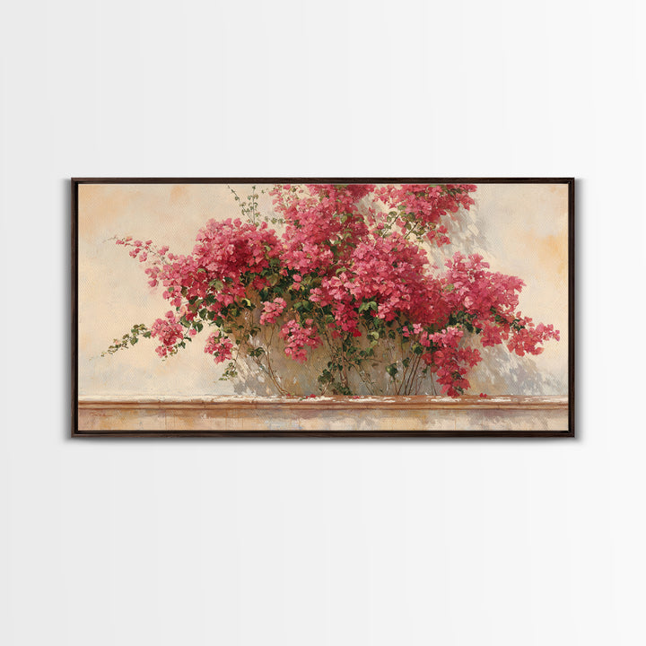 Pink Bougainvillea over White Wall Framed Canvas Print, Tropical Art, Digital Art, Living Room Decor, Oil Painting, Tropic, TRO-2x1-60