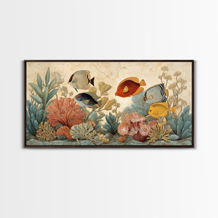 Tropical Fish over Coral Reef Framed Canvas Print, Tropical Art, Print, Living Room Decor, Fine Art, Tropic, Coastal Wall Art, TRO-2x1-7