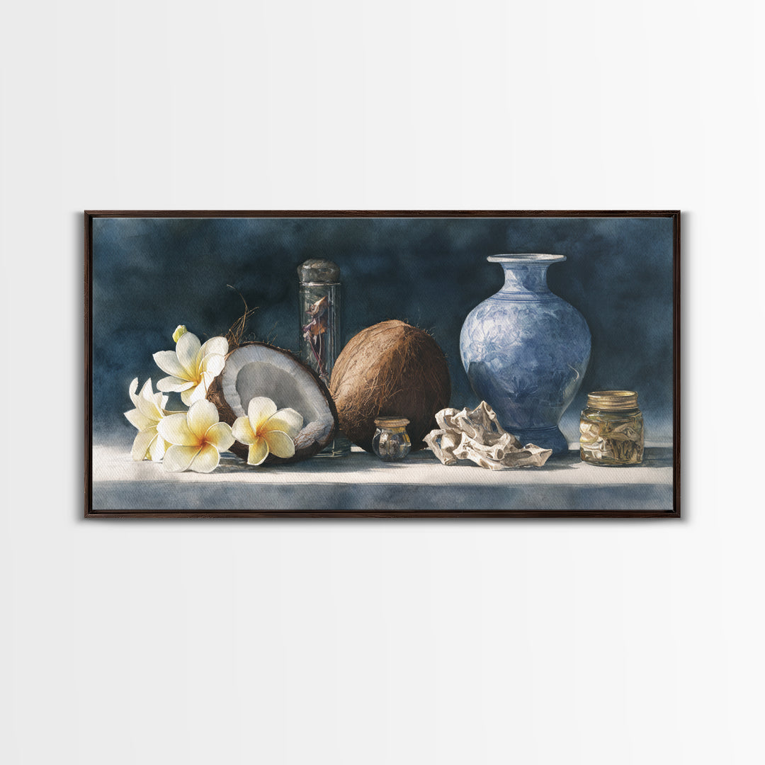 Coconut and Plumeria Still Life Framed Canvas Print, Tropical Art, Coastal Wall Art, Living Room Decor, Fine Art, Tropic, TRO-2x1-80