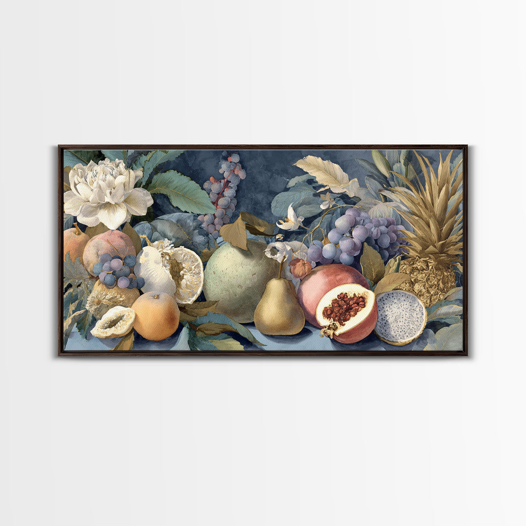 Tropical Fruit Market Arrangement Framed Canvas Print, Tropical Art, Decor, Living Room Decor, Fine Art, Tropic, Bird Art, TRO-2x1-83