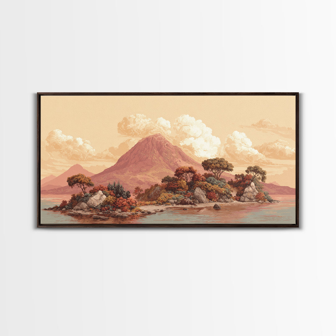 Island Volcano with Lush Foreground Framed Canvas Print, Tropical Art, Set of 3 Prints, Living Room Decor, Fine Art, Tropic, TRO-2x1-85