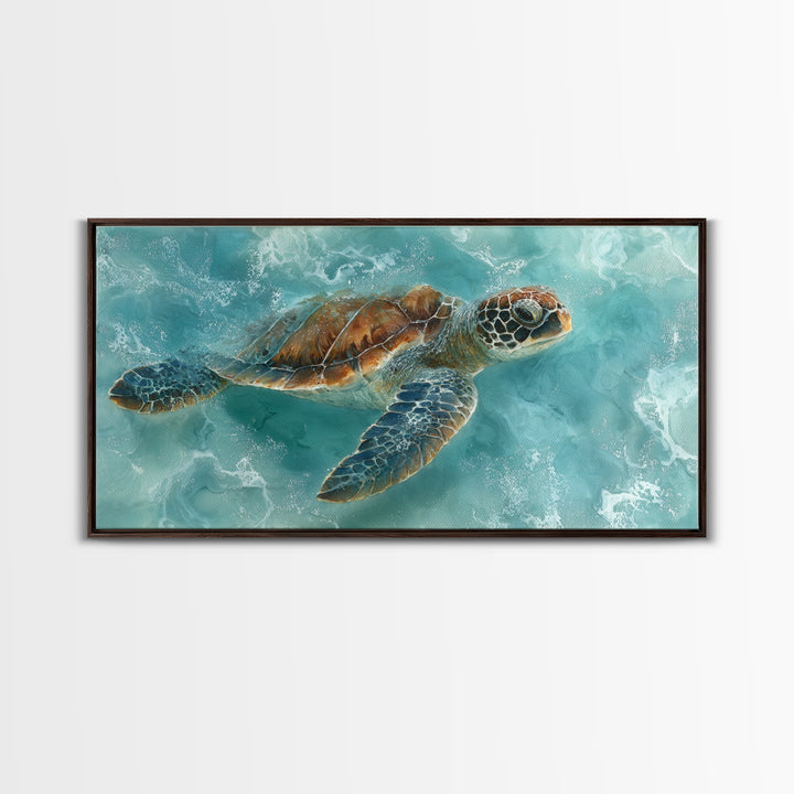 Sea Turtle Near Tropical Reef Framed Canvas Print, Tropical Art, Trendy Wall Art, Living Room Decor, Fine Art, Tropic, TRO-2x1-87