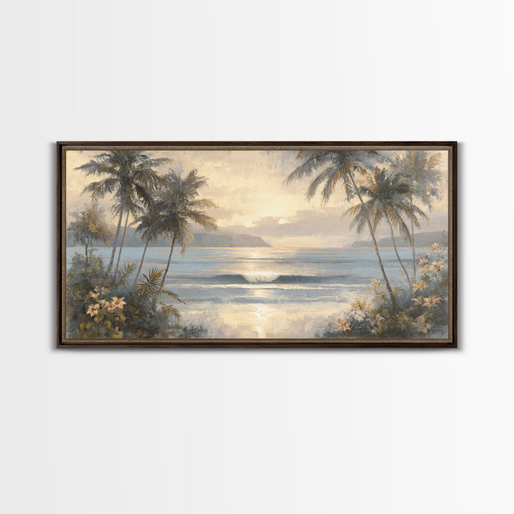 Sunset Surf Scene Framed Canvas Print, Tropical Art, Digital Art, Living Room Decor, Oil Painting, Tropic, Watercolor Art, TRO-2x1-90