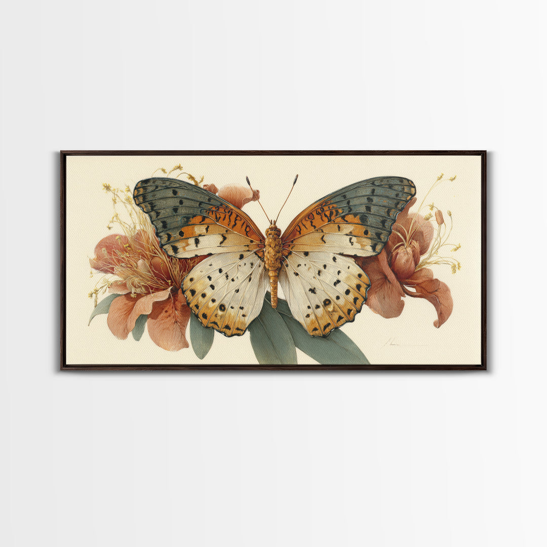 Tropical Butterfly and Flower Study Framed Canvas Print, Tropical Art, Digital Print, Living Room Decor, Fine Art, Tropic, TRO-2x1-91