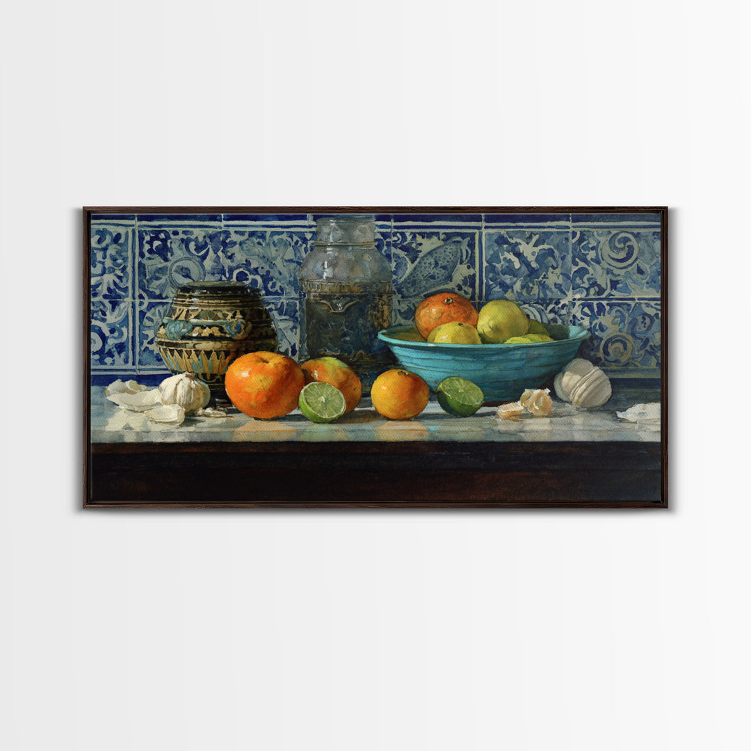 Bright Papaya and Lime Still Life Framed Canvas Print, Tropical Art, Watercolor Painting, Living Room Decor, Oil Painting, TRO-2x1-92
