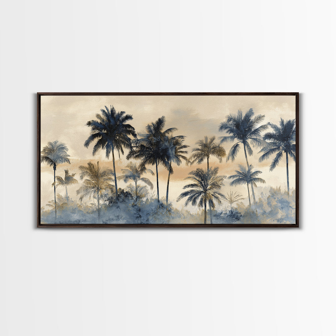 Palm Tree Silhouettes Framed Canvas Print, Tropical Art, Beach Decor, Living Room Decor, Oil Painting, Tropic, Fine Art Print, TRO-2x1-96