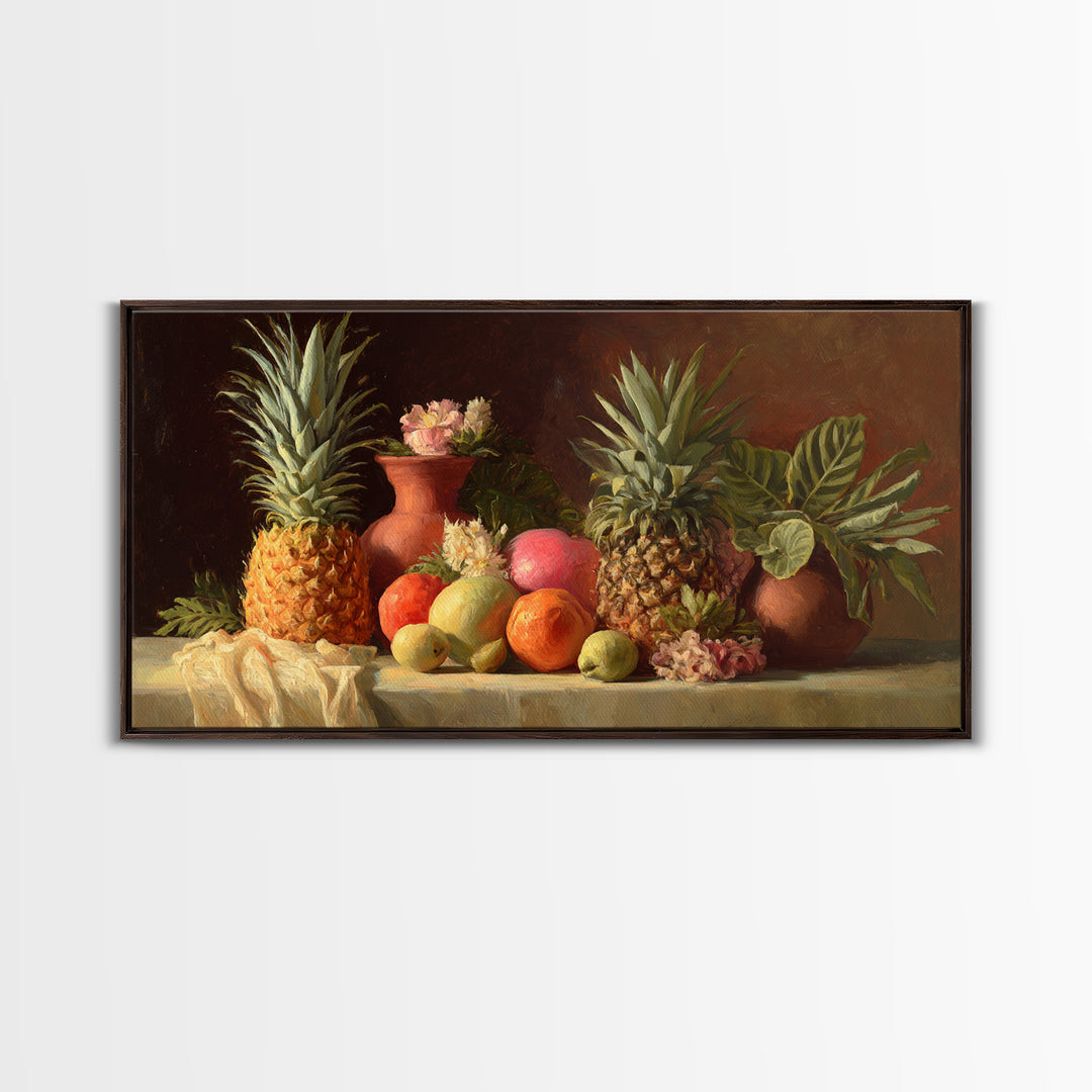 Pineapple and Palm Still Life Canvas Print, Tropical Art, Printable Wall Art, Living Room Decor, Watercolor Art, Tropic, TRO-2x1-98