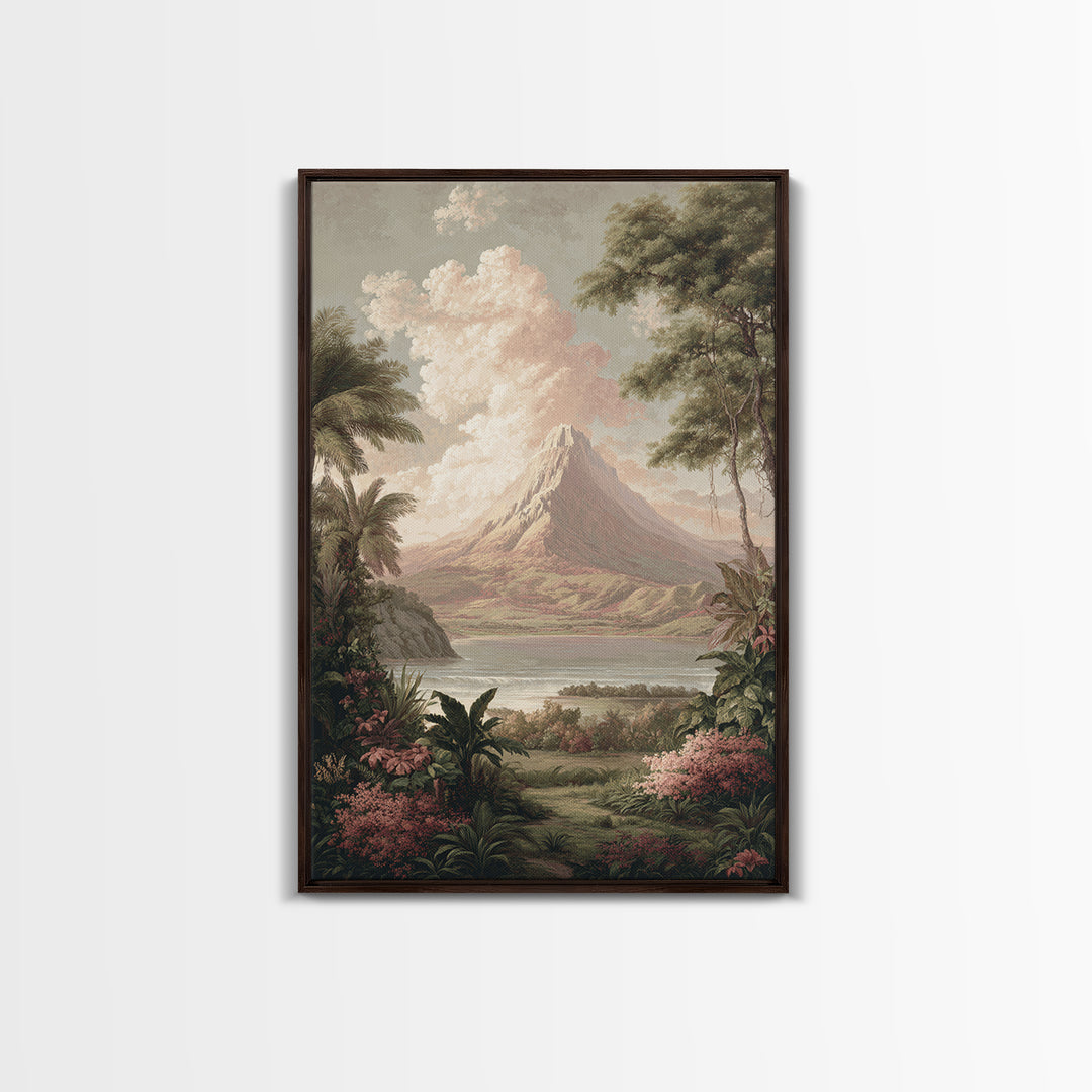 Island Volcano with Lush Foreground Framed Canvas Print, Tropical Art, Printable, Living Room Decor, Fine Art, Tropic, TRO-2x3-1