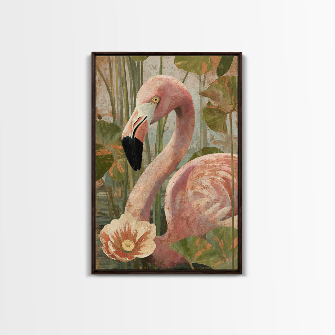 Pink Flamingos Among Tropical Water Plants Canvas Print, Tropical Art, Contemporary Art, Living Room Decor, Fine Art, Tropic, TRO-2x3-10