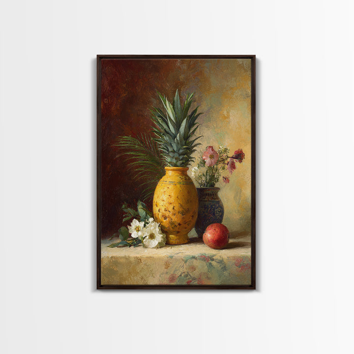 Pineapple and Palm Still Life Canvas Print, Tropical Art, Wall Art, Living Room Decor, Oil Painting, Tropic, Pink Wall Art, TRO-2x3-14