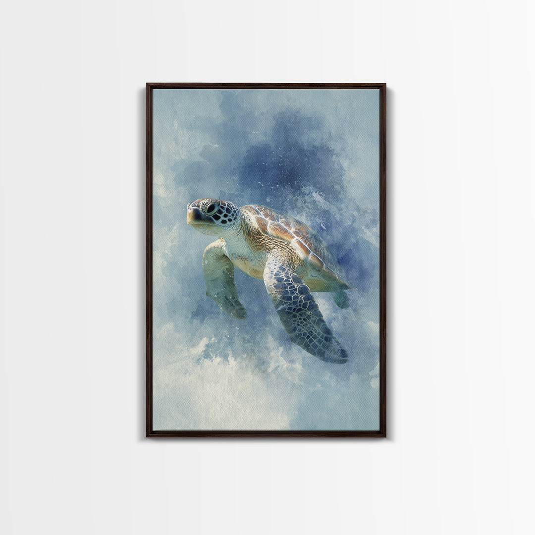 Sea Turtle Near Tropical Reef Framed Canvas Print, Tropical Art, Digital Art, Living Room Decor, Oil Painting, Tropic, TRO-2x3-51