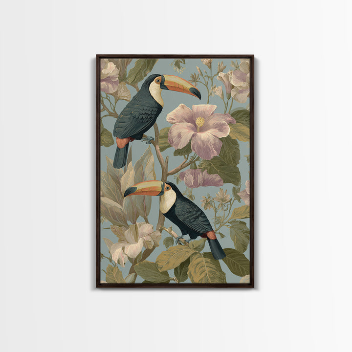 Toucans Surrounded by Bright Jungle Flowers Canvas Print, Tropical Art, Watercolor Painting, Living Room Decor, Tropic, TRO-2x3-59