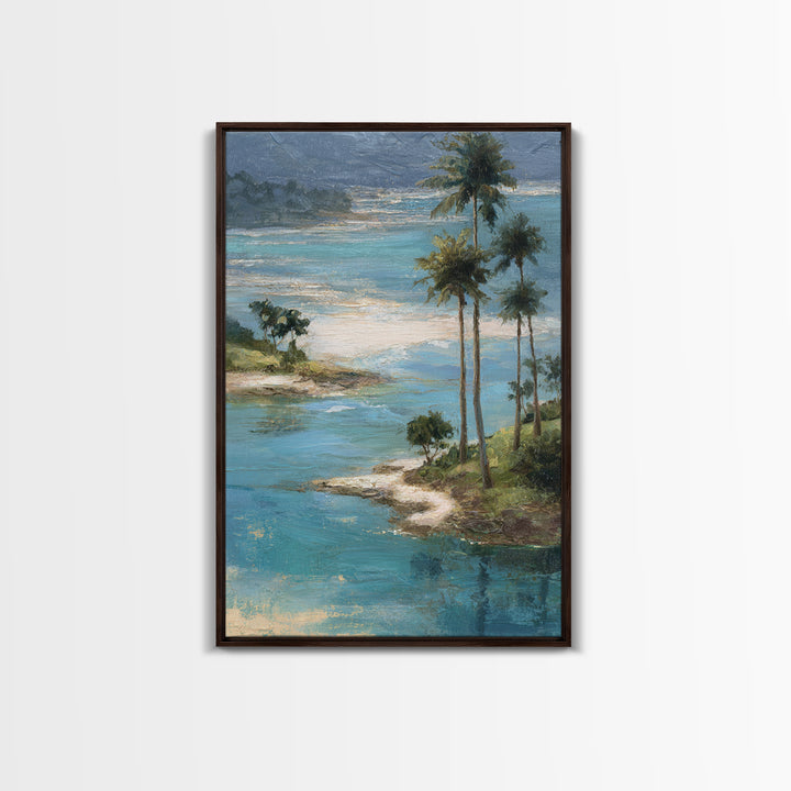 Tropical Lagoon with Turquoise Water Framed Canvas Print, Tropical Art, Bird Art, Living Room Decor, Watercolor Art, Tropic, TRO-2x3-63