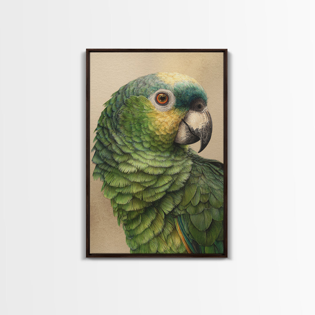 Parrot Portrait with Emerald Feathers Framed Canvas Print, Tropical Art, Print, Living Room Decor, Oil Painting, Tropic, TRO-2x3-64