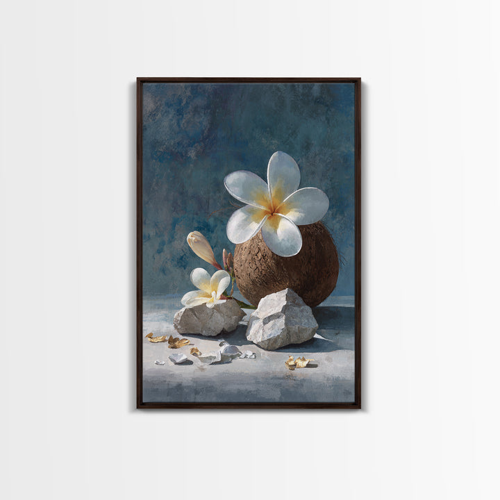 Coconut and Plumeria Still Life Framed Canvas Print, Tropical Art, Coastal Wall Art, Living Room Decor, Fine Art, Tropic, TRO-2x3-68