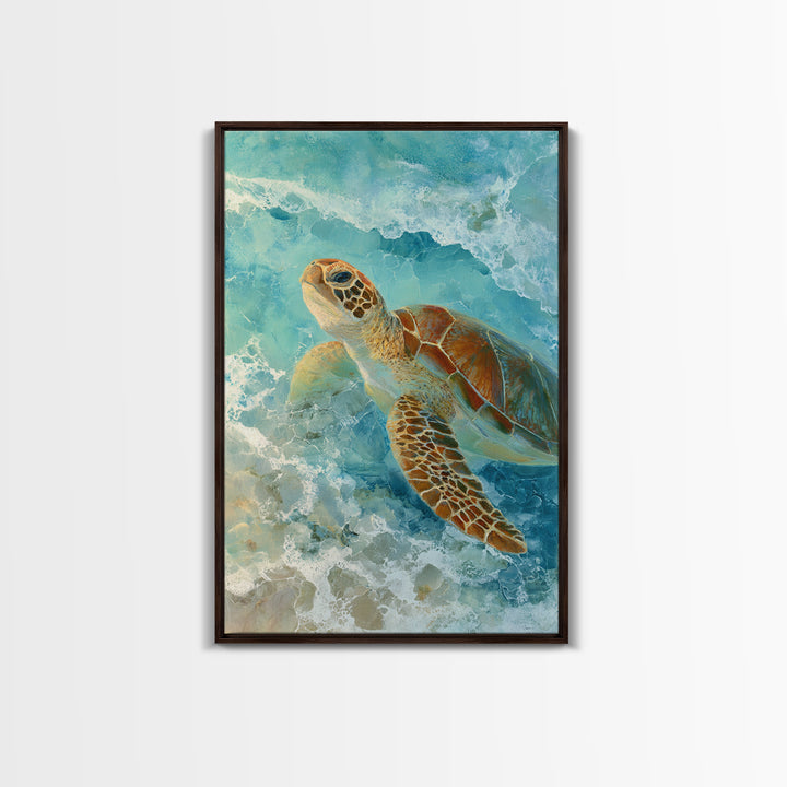 Sea Turtle Near Tropical Reef Framed Canvas Print, Tropical Art, Abstract Painting, Living Room Decor, Fine Art, Tropic, TRO-2x3-75
