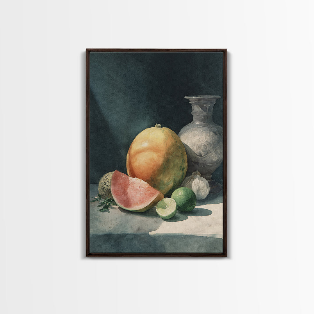Bright Papaya and Lime Still Life Framed Canvas Print, Tropical Art, Botanical Art, Living Room Decor, Oil Painting, Tropic, TRO-2x3-8