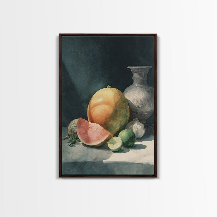 Bright Papaya and Lime Still Life Framed Canvas Print, Tropical Art, Botanical Art, Living Room Decor, Oil Painting, Tropic, TRO-2x3-8