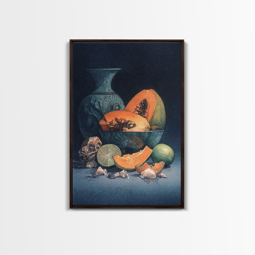 Bright Papaya and Lime Still Life Framed Canvas Print, Tropical Art, Living Room Decor, Watercolor Art, Tropic, TRO-2x3-80