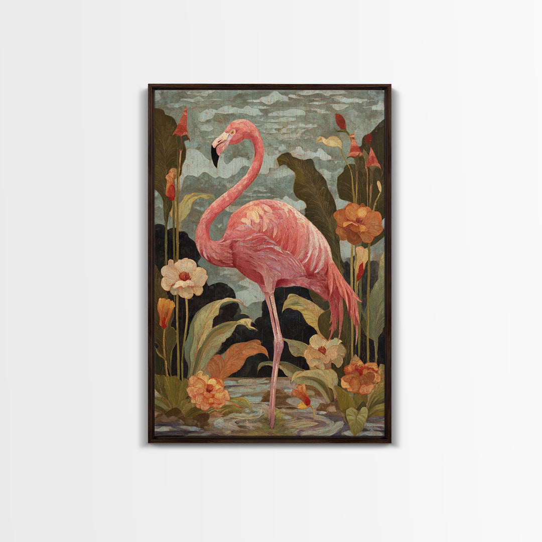 Pink Flamingos Among Tropical Water Plants Canvas Print, Tropical Art, Digital Print, Living Room Decor, Fine Art, Tropic, TRO-2x3-82