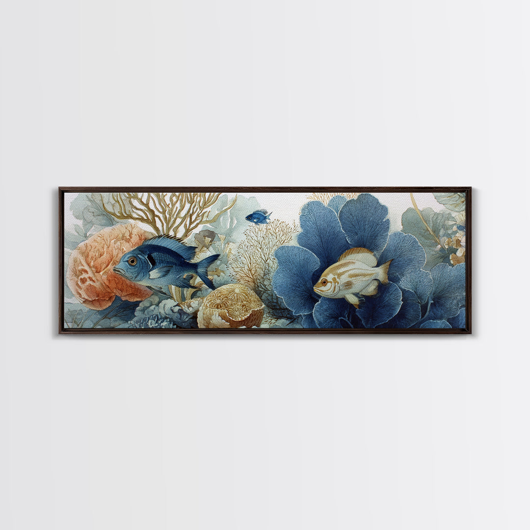 Tropical Fish over Coral Reef Framed Canvas Print, Tropical Art, Textured Painting, Living Room Decor, Fine Art, Tropic, TRO-3x1-27