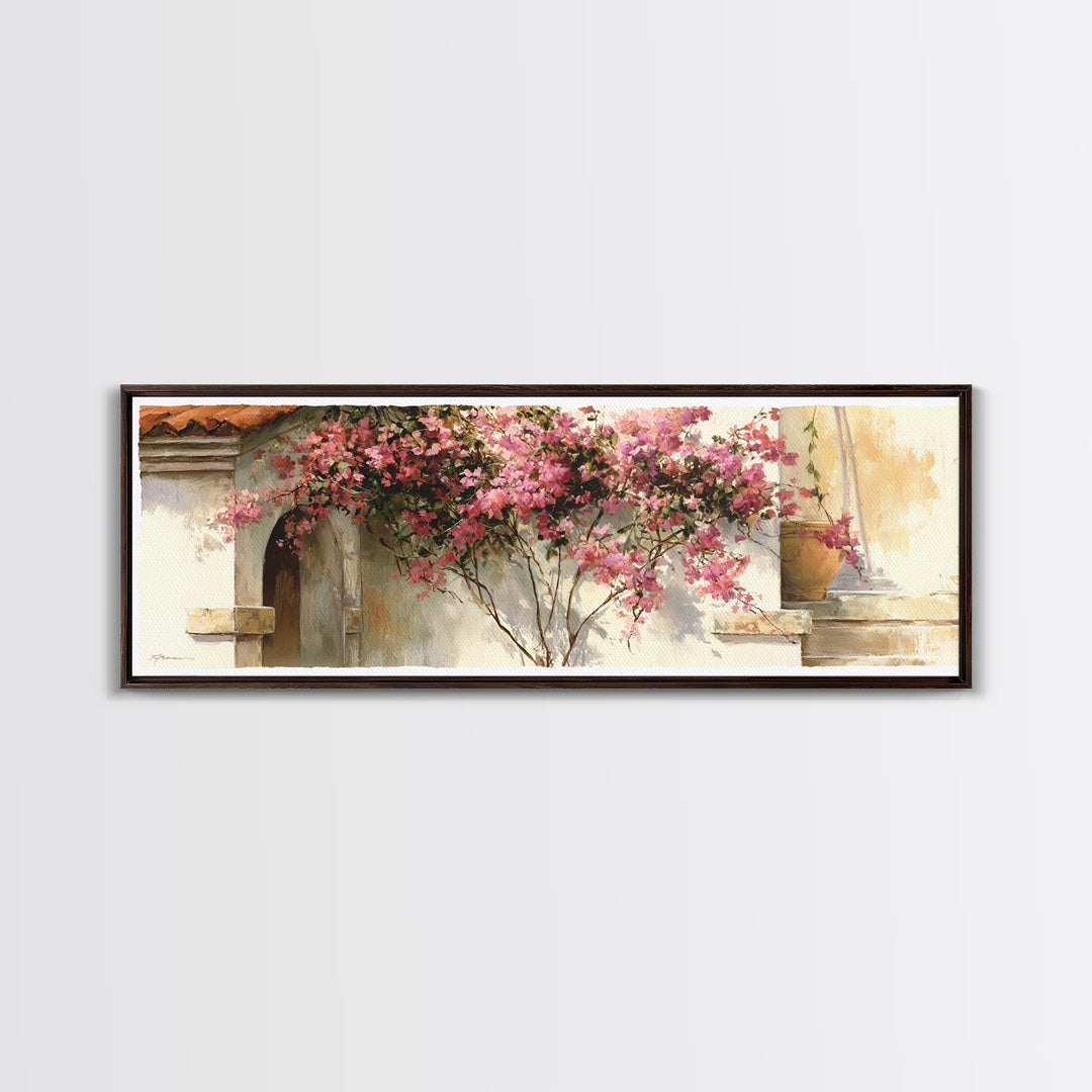 Pink Bougainvillea over White Wall Framed Canvas Print, Tropical Art, Beach Prints, Living Room Decor, Watercolor Art, Tropic, TRO-3x1-32