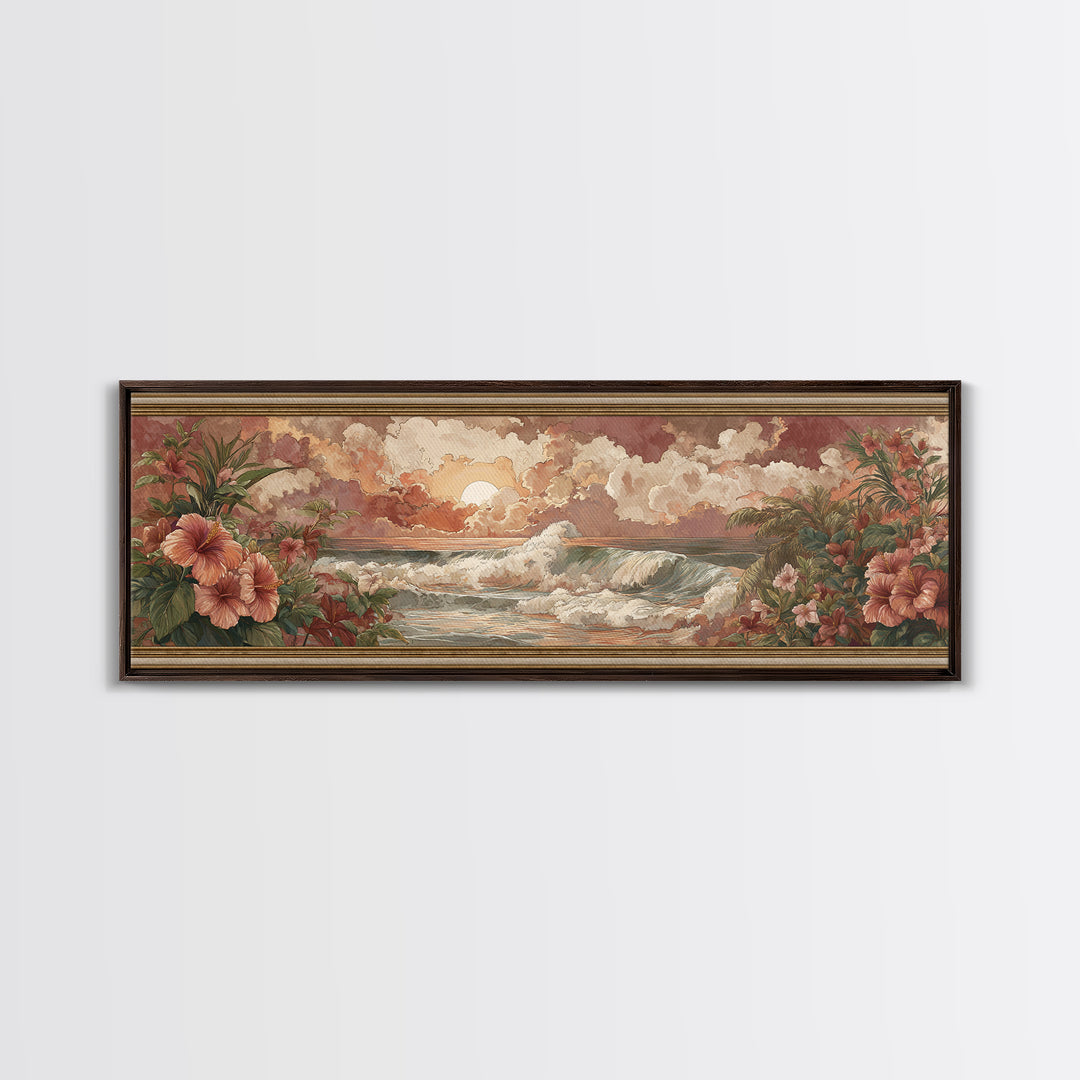 Sunset Surf Scene Canvas Print, Tropical Art, Pink Wall Art, Living Room Decor, Fine Art, Tropic, Coastal Art, Beach Print, TRO-3x1-38
