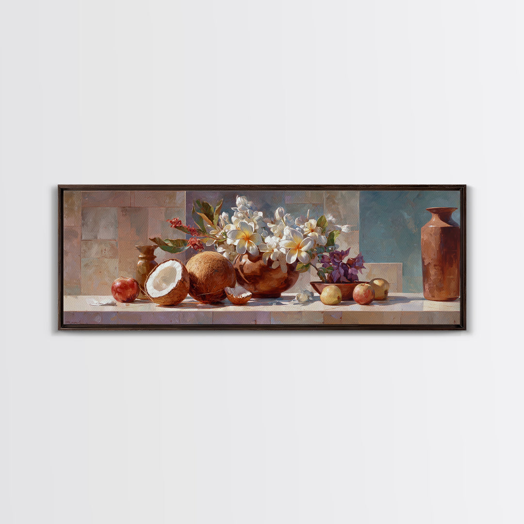 Coconut and Plumeria Still Life Canvas Print, Tropical Art, Downloadable Prints, Living Room Decor, Watercolor Art, Tropic, TRO-3x1-4