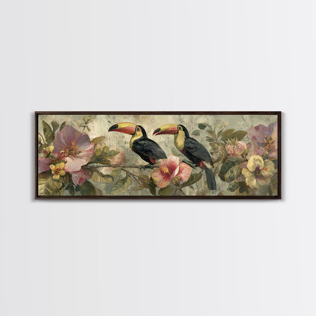 Toucans Surrounded by Bright Jungle Flowers Canvas Print, Tropical Art, Art Print, Living Room Decor, Fine Art, Tropic, TRO-3x1-43
