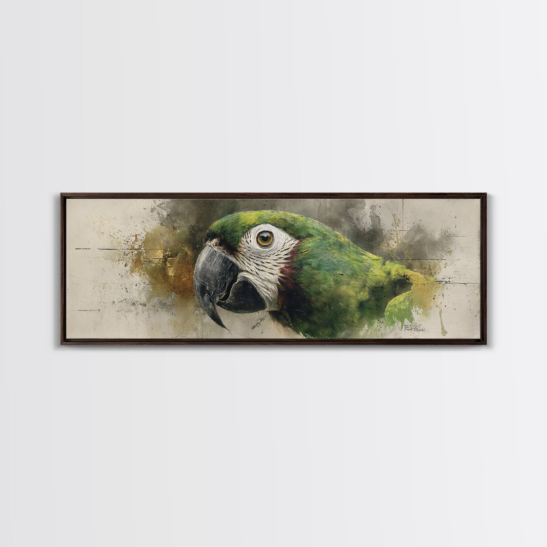 Parrot Portrait with Emerald Feathers Canvas Print, Tropical Art, Textured Painting, Living Room Decor, Fine Art, Tropic, TRO-3x1-48
