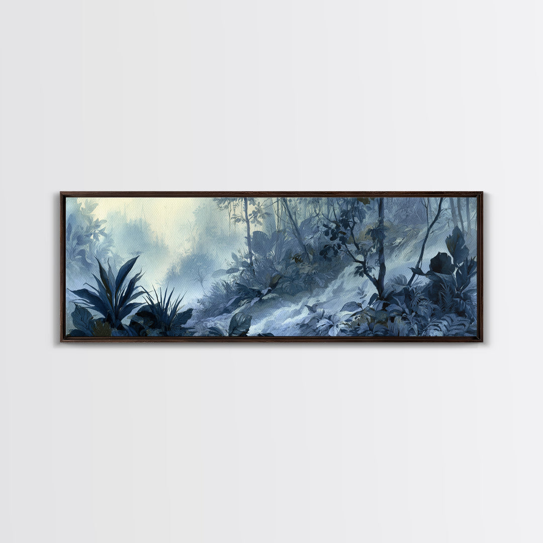 Jungle Waterfall with Misty Light Framed Canvas Print, Tropical Art, Bird Art, Living Room Decor, Watercolor Art, Tropic, TRO-3x1-5
