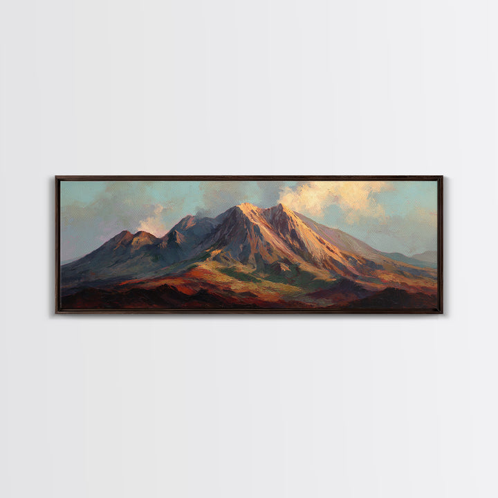 Island Volcano with Lush Foreground Framed Canvas Print, Tropical Art, Whimsical Art, Living Room Decor, Fine Art, Tropic, TRO-3x1-57