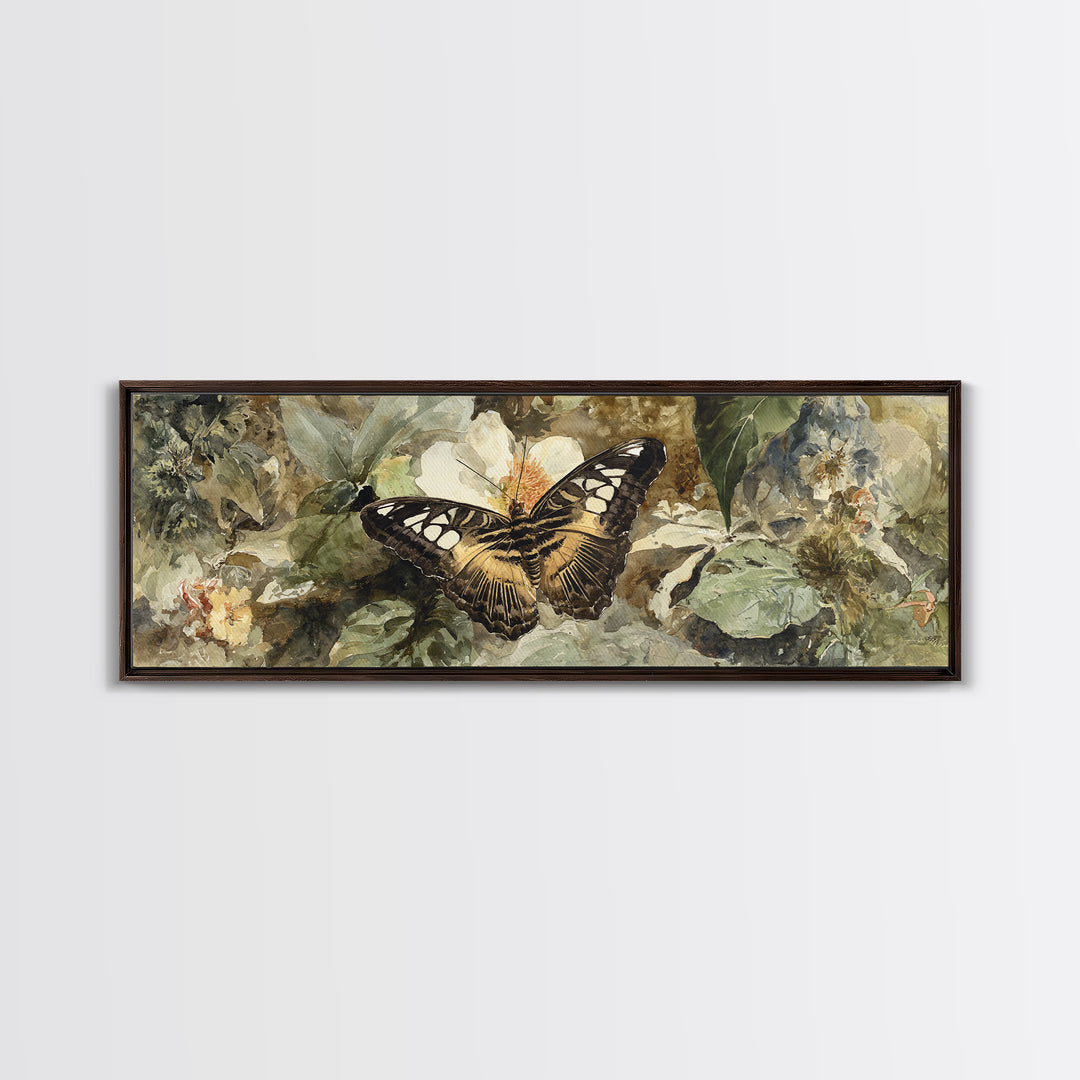 Tropical Butterfly and Flower Study Framed Canvas Print, Tropical Art, Living Room Decor, Watercolor Art, Tropic, TRO-3x1-63