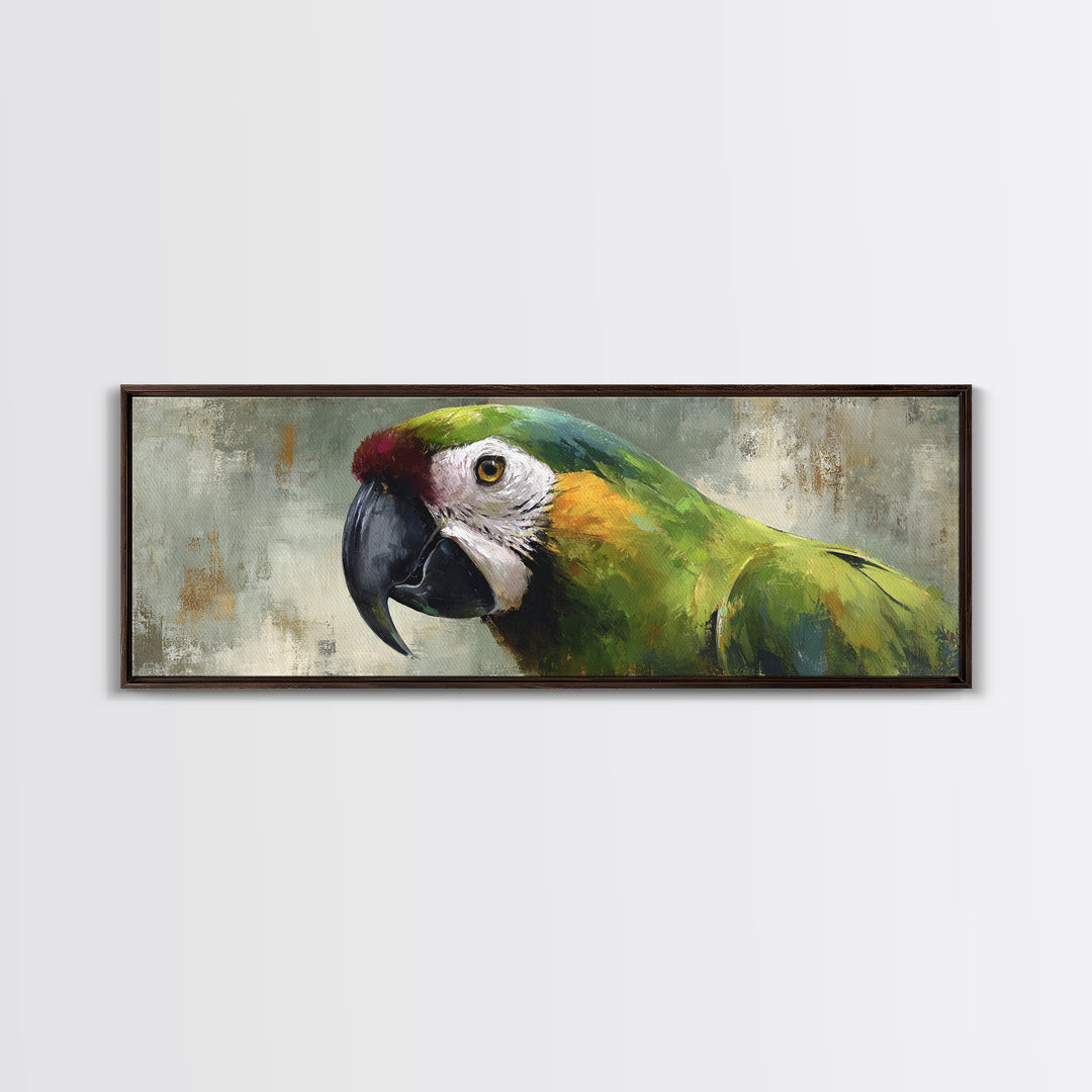 Parrot Portrait with Emerald Feathers Framed Canvas Print, Tropical Art, Wall Decor, Living Room Decor, Fine Art, Tropic, TRO-3x1-72