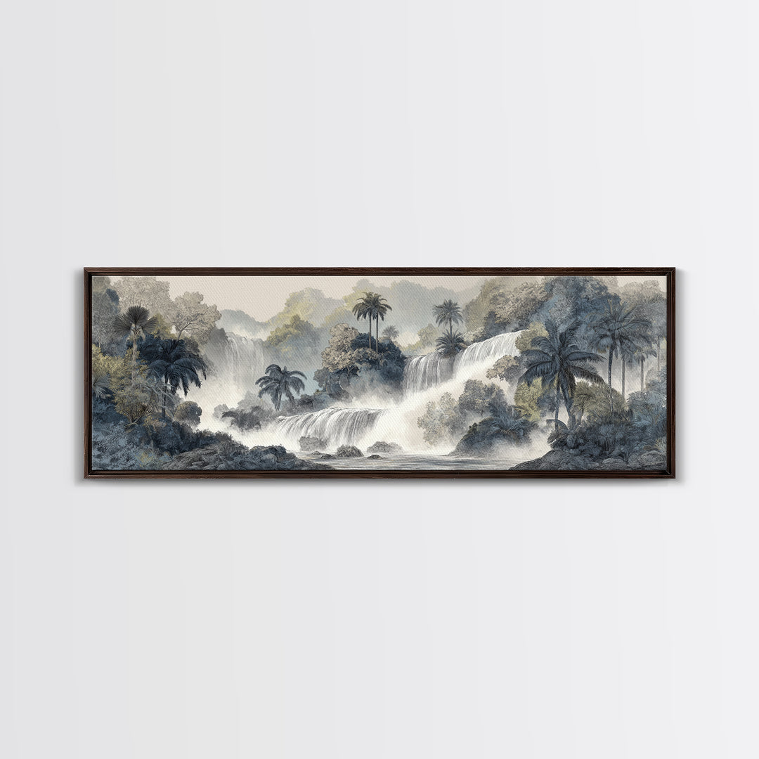 Jungle Waterfall with Misty Light Framed Canvas Print, Tropical Art, Gallery Wall Art, Living Room Decor, Fine Art, Tropic, TRO-3x1-77