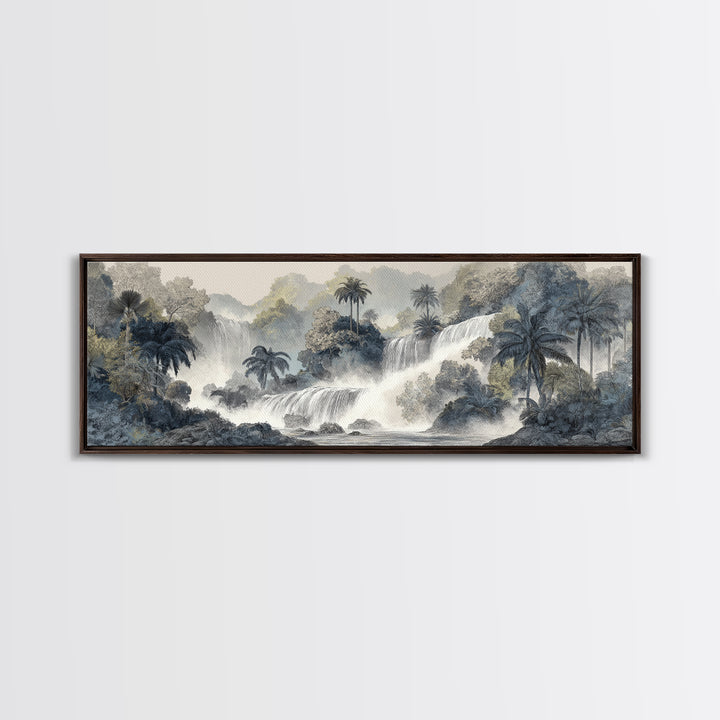 Jungle Waterfall with Misty Light Framed Canvas Print, Tropical Art, Gallery Wall Art, Living Room Decor, Fine Art, Tropic, TRO-3x1-77