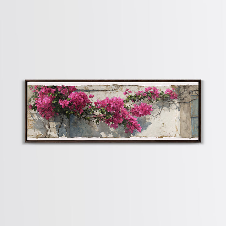 Pink Bougainvillea over White Wall Canvas Print, Tropical Art, Digital Prints, Living Room Decor, Tropic 280, Set of Prints, TRO-3x1-80