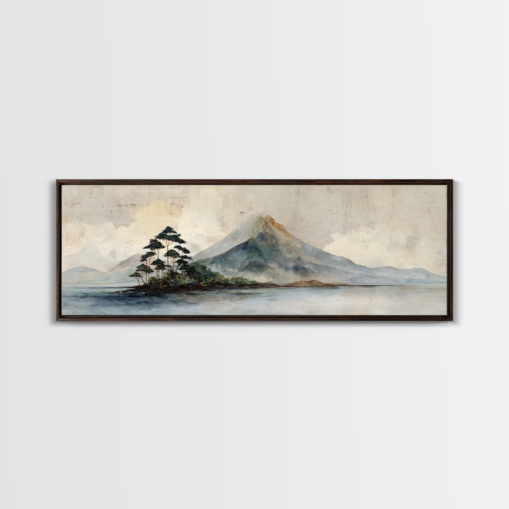 Island Volcano with Lush Foreground Framed Canvas Print, Tropical Art, Whimsical Art, Living Room Decor, Fine Art, Tropic, TRO-3x1-81
