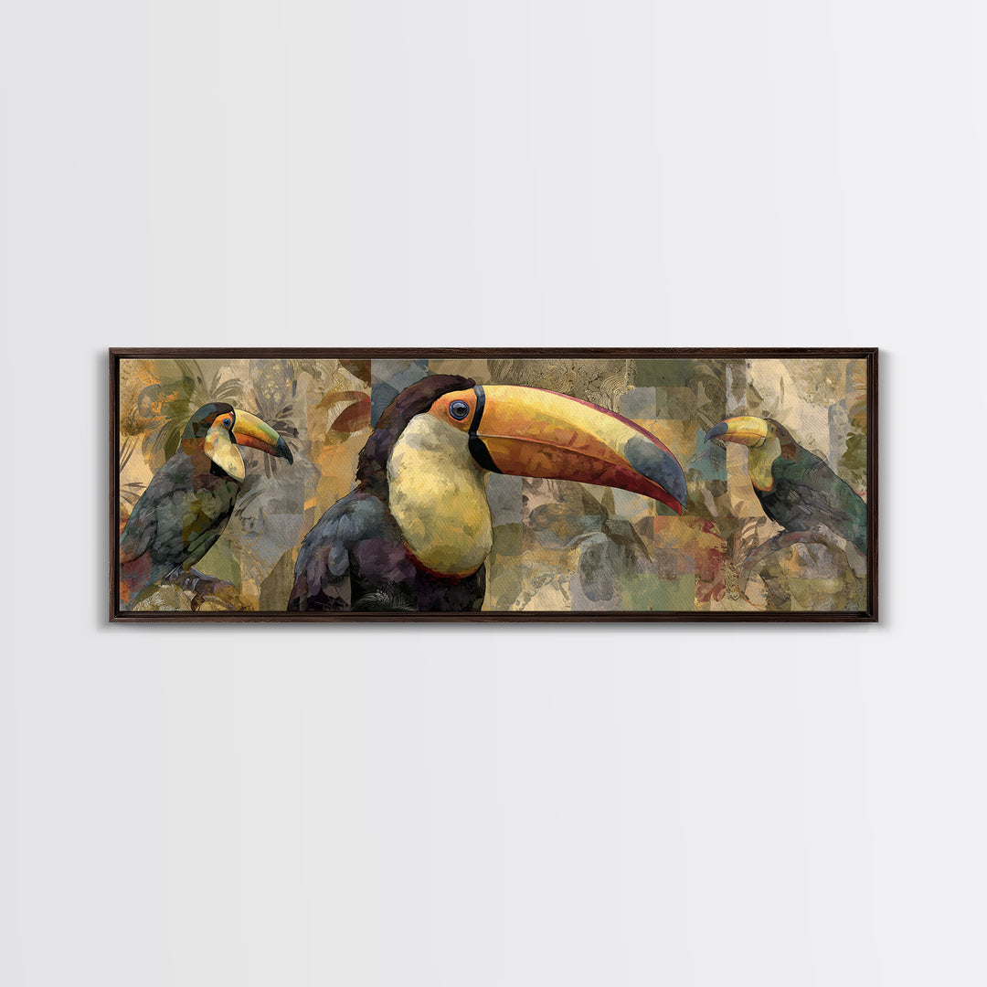 Colorful Jungle Bird Pattern Framed Canvas Print, Tropical Art, Print, Living Room Decor, Fine Art, Tropic, Coastal Wall Art, TRO-3x1-84