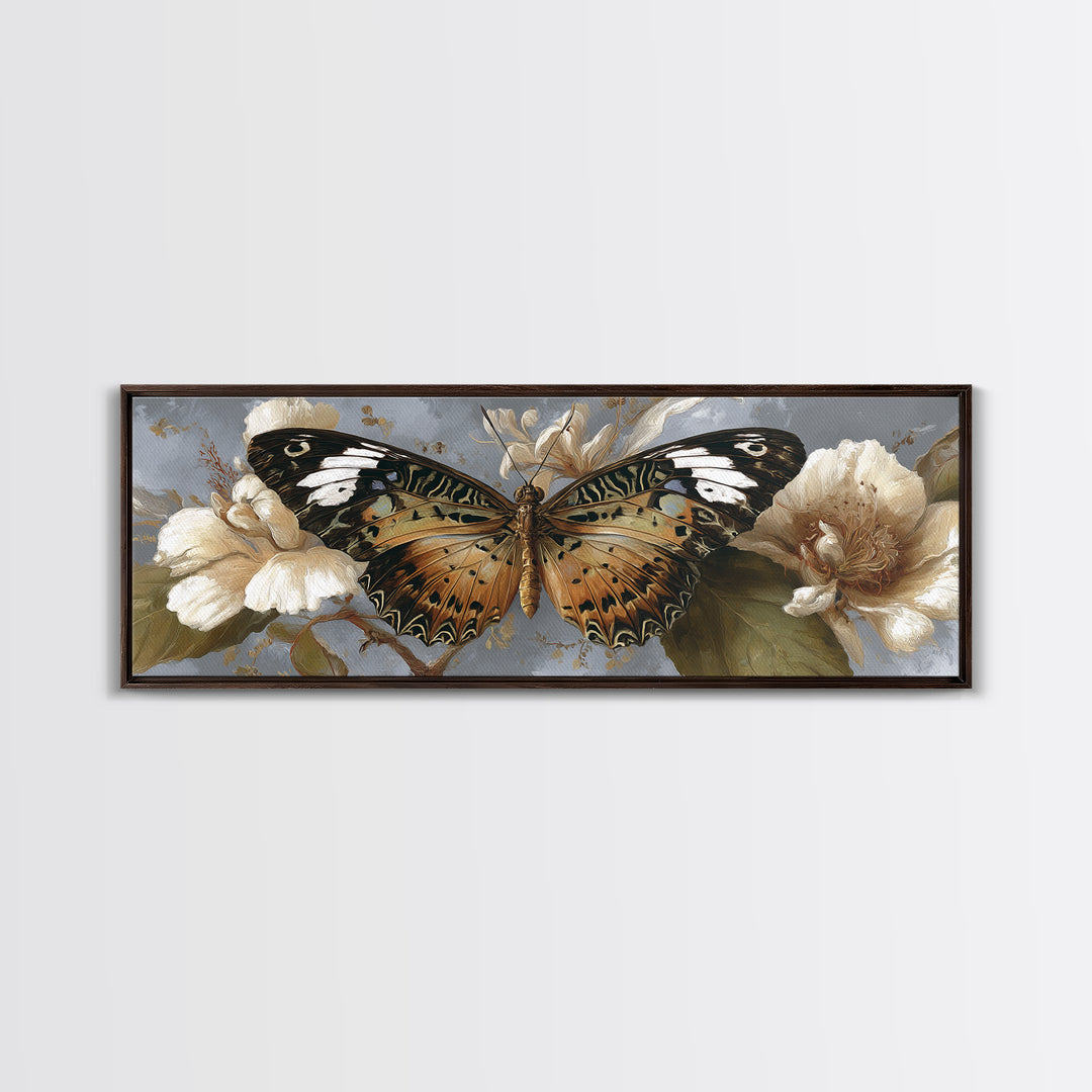 Tropical Butterfly and Flower Study Framed Canvas Print, Tropical Art, Digital Print, Living Room Decor, Fine Art, Tropic, TRO-3x1-87